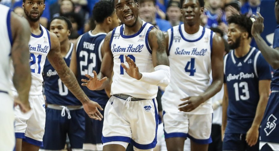 Nov 12, 2022; Newark, New Jersey, USA; Seton Hall Pirates forward KC Ndefo (13) reacts after scoring and being fouled in the first half against the St. Peter's Peacocks on at Prudential Center.